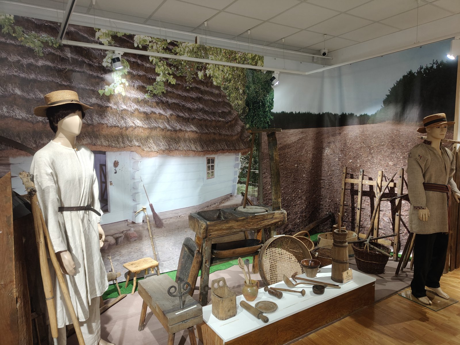 Stroje ludowe na manekinach i sprzęt gospodarski na wystawie o kulturze tomaszowskiej wsi w muzeum w Tomaszowie Lubelskim